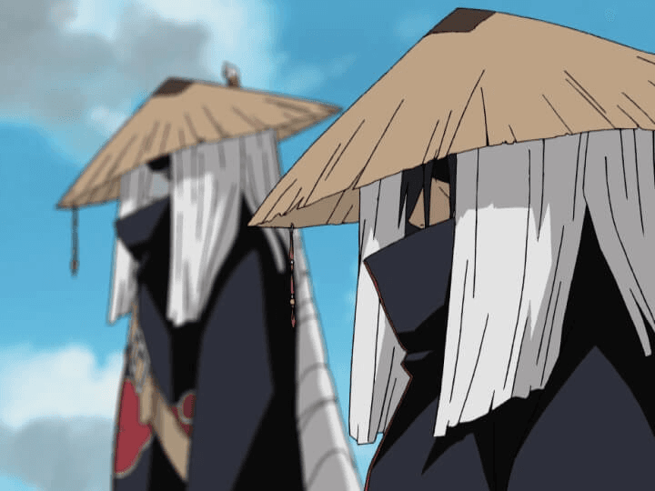 Three cloaked shinobi beneath a bright blue sky